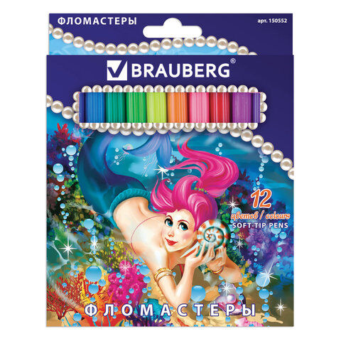 Фломастеры BRAUBERG &quot;Морские легенды&quot;, 12 цветов, вентилируемый колпачок, картонная упаковка с блестками, 150552