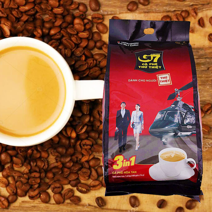 TRUNG NGUYEN Растворимый кофе фирмы «TrungNguyen» «G7» 3в1Состав: кофе, сливки, сахар. В 1 упаковке 100 пакетиков по 16 грамм.