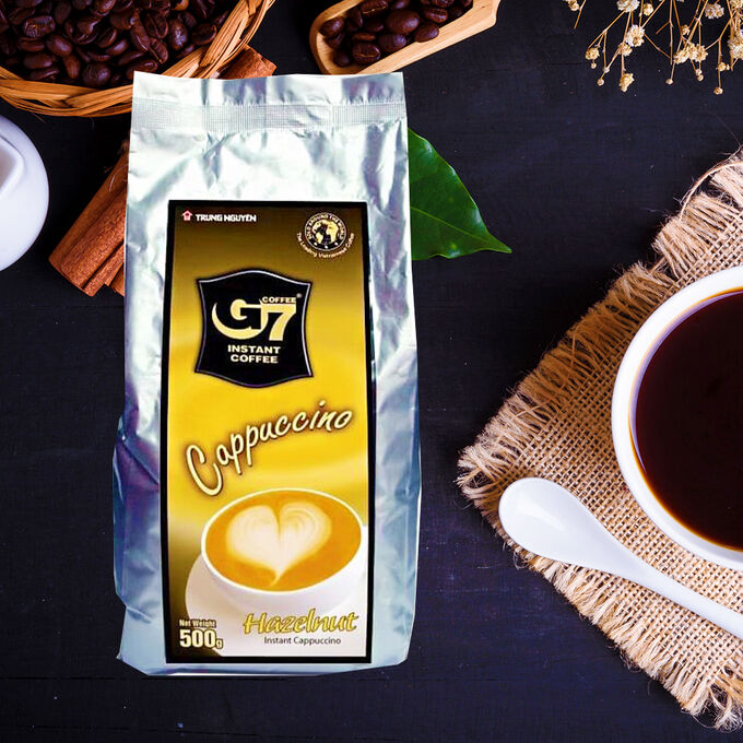 TRUNG NGUYEN Растворимый кофе  фирмы «TrungNguyen» «G7»  капучино 3в1:
- СО ВКУСОМ ЛЕСНОГО ОРЕХА.
Состав: кофе, сахар, сливки.
В 1 упаковке 500 грамм.