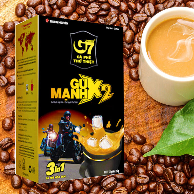 Растворимый кофе  фирмы «G7». «GU MANH X2» 3в1

Состав: кофе, сахар, сливки.
В 1 упаковке 12 пакетиков по 25гр