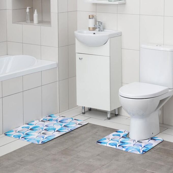 Набор ковриков для ванны и туалета  «Шелла», 2 шт: 45?70, 39?45 см, цвет бело-синий