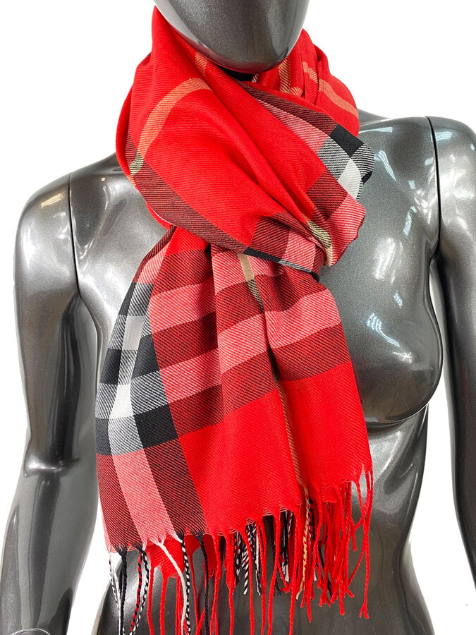 Кашемировый шарф-палантин с бахромой в клетку, цвет красный