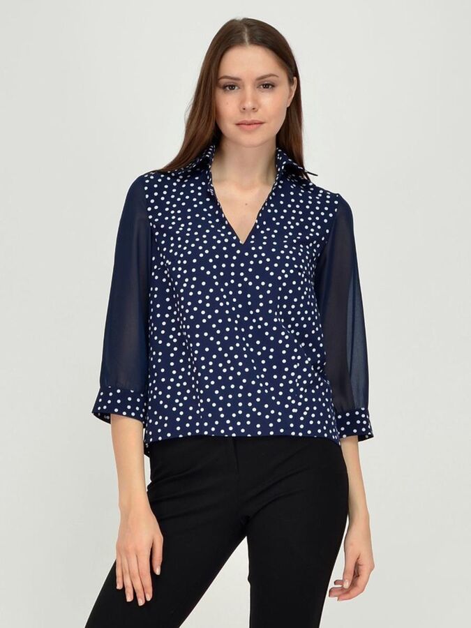 Блуза синяя с принтом и рукавами из фатина