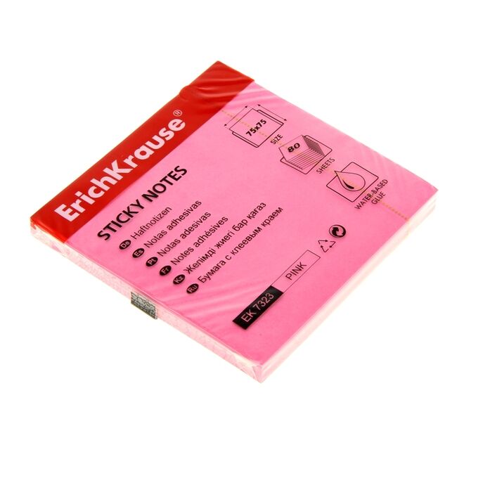 ERICH KRAUSE Блок бумаги с липким краем ErichKrause Neon, 75 х 75 мм, 80 листов, розовый