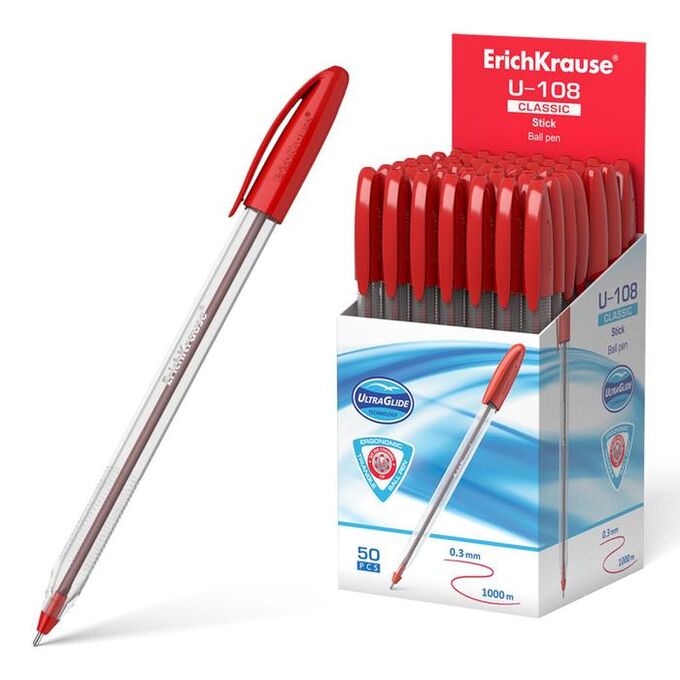 ERICH KRAUSE Ручка шариковая ErichKrause U-108 Classic Stick 1.0, Ultra Glide Technology, чернила красные