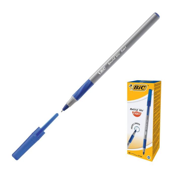 Ручка шариковая, синяя, тонкое письмо, резиновый упор, BIC Round Stic Exact