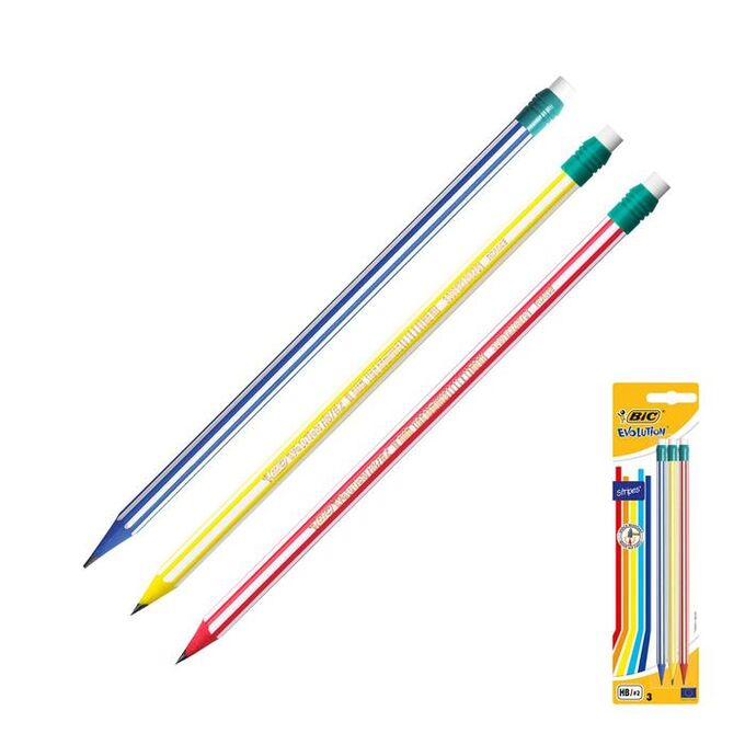 Набор карандашей чернографитных (простых) BIC EvoStripes, HB, 3 штуки, пластиковых, ударопрочный грифель, с ластиком, цветной корпус в полоску