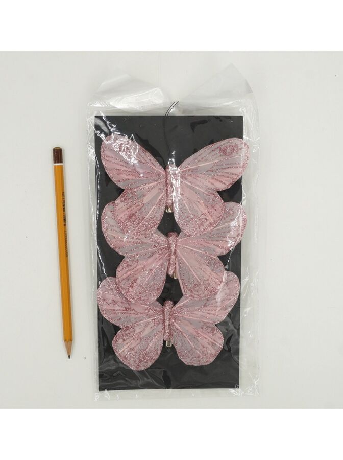 Бабочка набор 3 шт 11;5 см на прищепке с глиттером цвет розовый СН95193/2