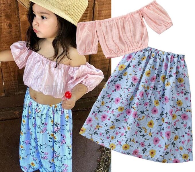 Детский костюм (топ+юбка), принт юбки "цветы", цвет розовый/синий