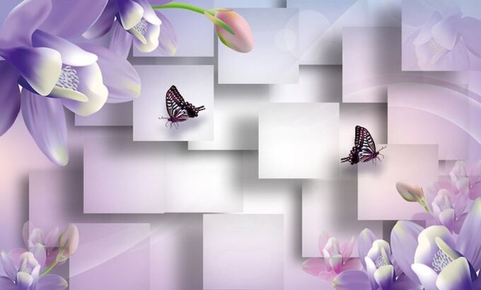 Design Studio 3D 3D Фотообои  «Сиреневые цветы с бабочками»