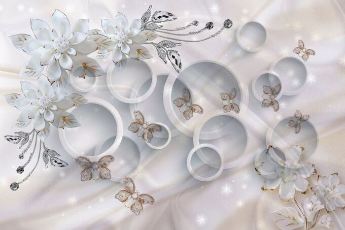 Design Studio 3D 3D Фотообои «Объемные круги с драгоценными цветами и бабочками»