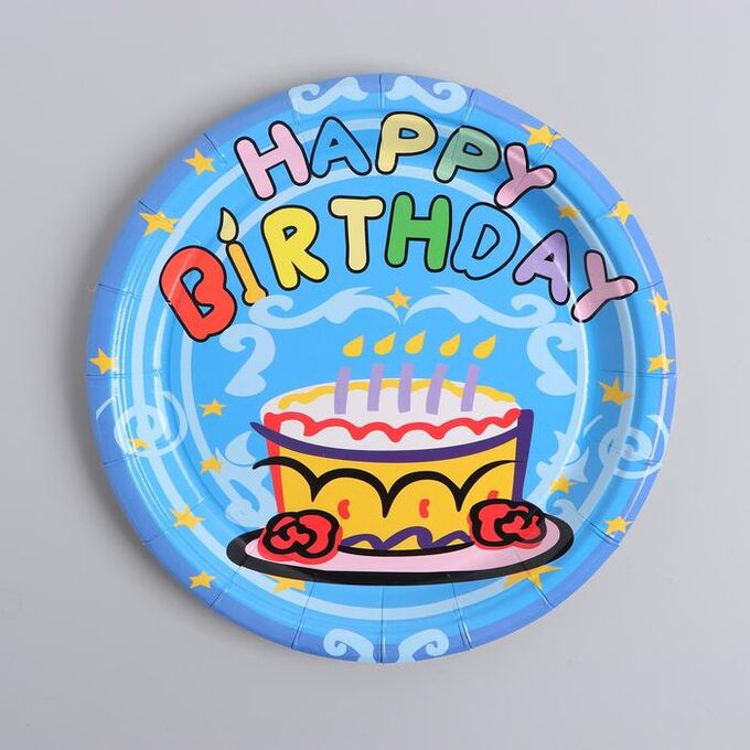 Страна карнавалия Тарелка бумажная «С днём рождения», торт, 6 шт., цвет голубой