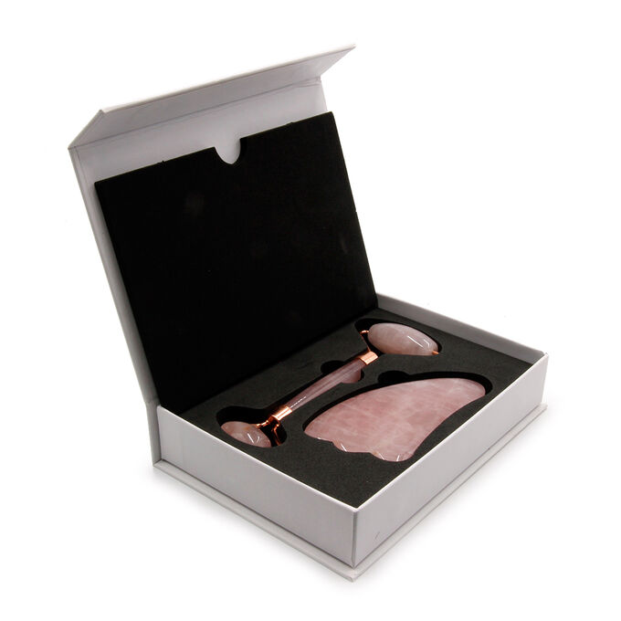 Роликовый массажер и скребок Розовый кварц набор из натурального камня для лица