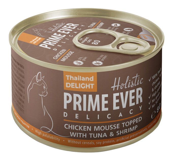 Prime Ever Holistic 1A Delicacy Мусс цыпленок с тунцом и креветками влажный корм для кошек жестяная банка 0,08 кг
