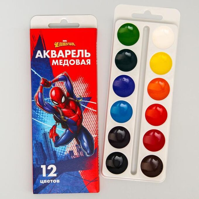 MARVEL Акварель медовая «Человек-паук», 12 цветов, в картонной коробке, без кисти