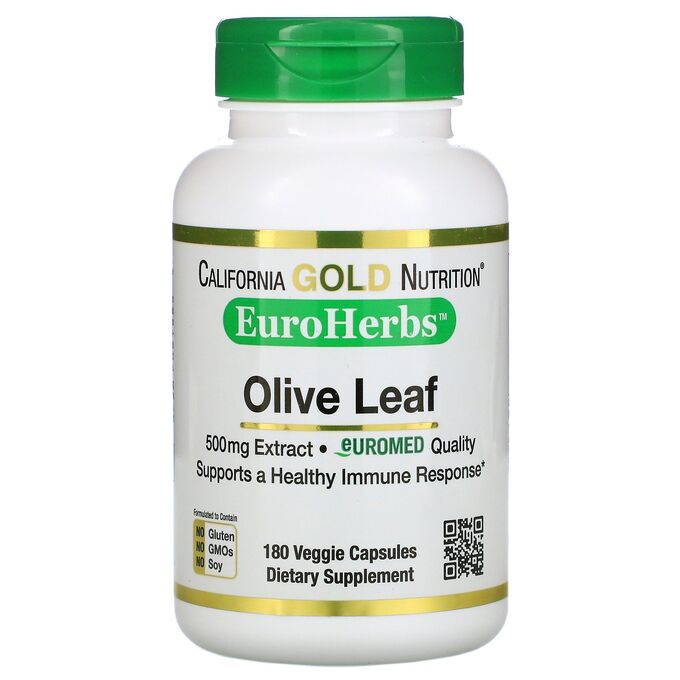 California Gold Nutrition, EuroHerbs, экстракт из листьев оливкового дерева, европейское качество, 500 мг, 180 растительных капсул