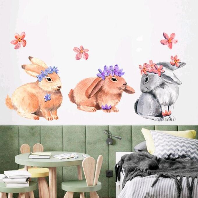 Наклейка пластик интерьерная цветная &quot;Милые кролики с цветочками&quot; 30х90 см 5512190
