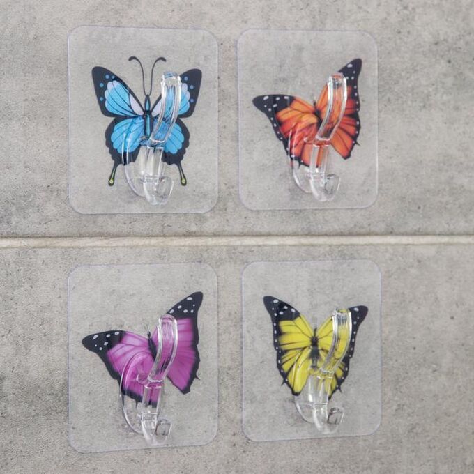 Набор крючков на липучке «Бабочки», 4 шт, цвет и рисунок МИКС
