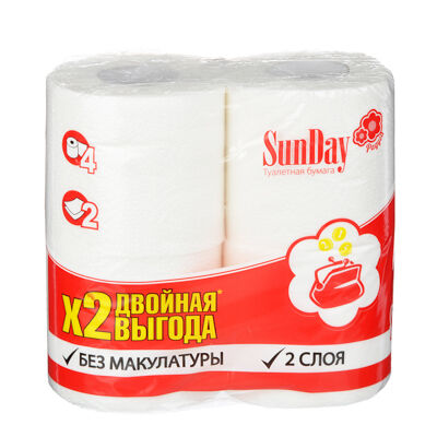 Туалетная бумага SunDay 2-х слойная белая, 4шт/Набор туалетной бумаги