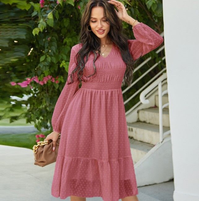Женское платье с длинным рукавом, цвет розовый