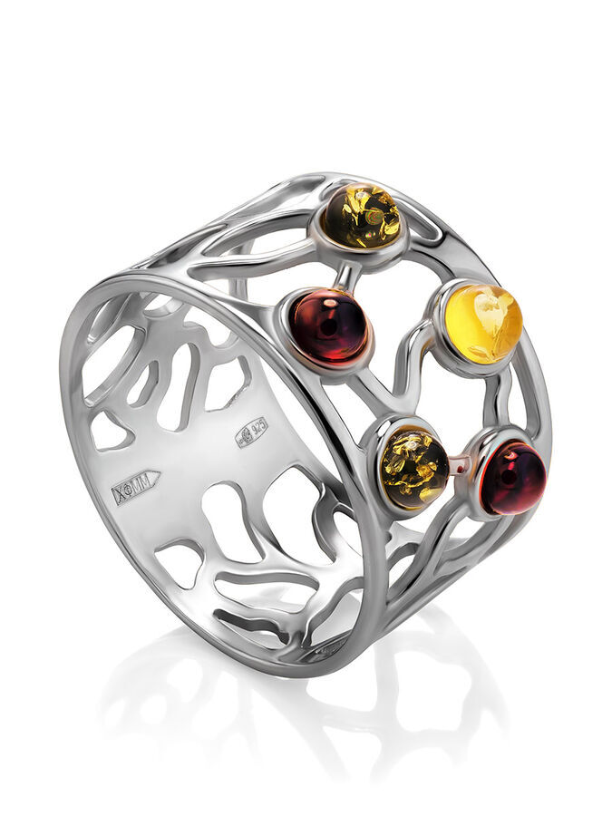 amberholl Яркое широкое кольцо «Лимбо» из серебра и янтаря разных цветов,