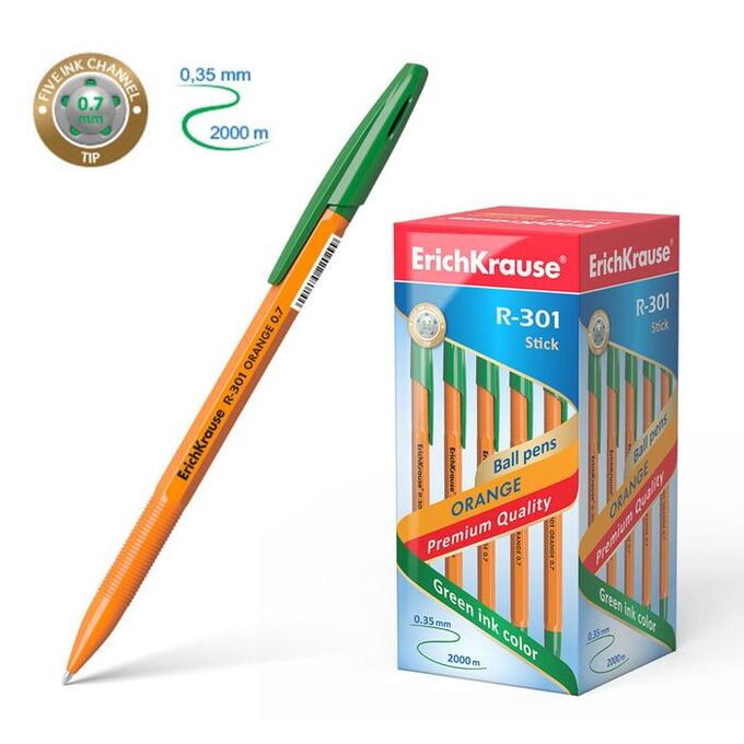 Ручка шариковая Erich Krause R-301 Orange Stick, узел 0.7 мм, чернила зелёные, длина линии письма 2000 метров, штрихкод на ручке