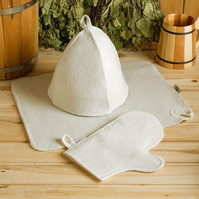 Добропаровъ Набор банный белый 3 предмета без вышивки (шапка, варежка, коврик) в плёнке