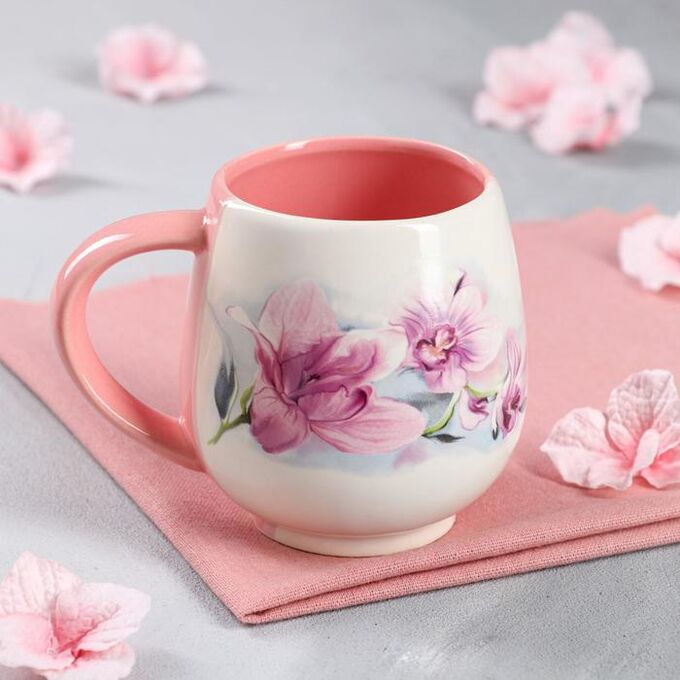 Кружка &quot;Чайная&quot;, бело-розовая, деколь цветы, керамика, 0.4 л, микс