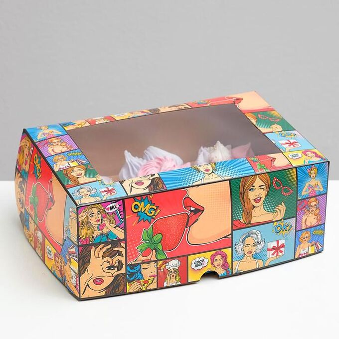 Упаковка на 6 капкейков с окном &quot;Pop-art клубничка&quot;, 25 х 17 х 10 см