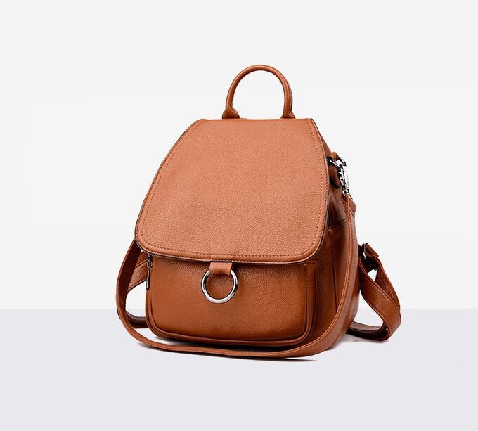 Женский рюкзак-сумка, декоративное кольцо на клапане, цвет коричневый