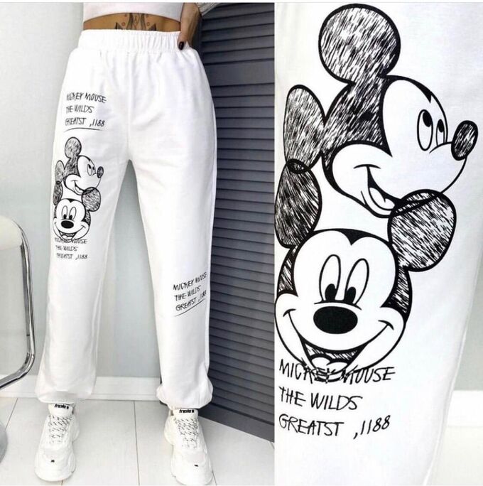 Спортивные штаны женские 3503 &quot;Мышки Мульт + Надписи&quot; Белые