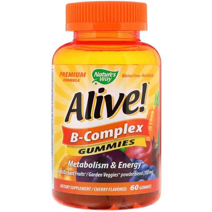 Nature&#039;s Way, Alive! Комплекс витаминов группы В, вишневый вкус, 60 жевательных таблеток