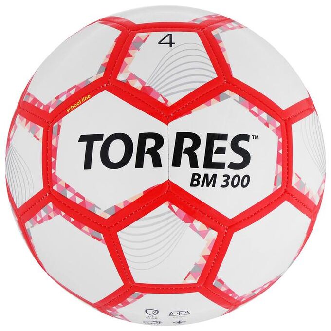 Мяч футбольный TORRES BM 300, размер 4, 28 панелей, глянцевый TPU, 2 подкладочных слоя, машинная сшивка, цвет белый/серебряный/красный