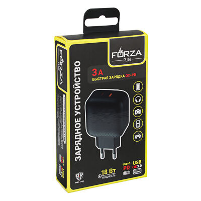 С FORZA Зарядное устройство USB Модерн, 2USB, 3А, Быстрая зарядка QC3.0+TYPE-C PD, 110-240 В, пластик