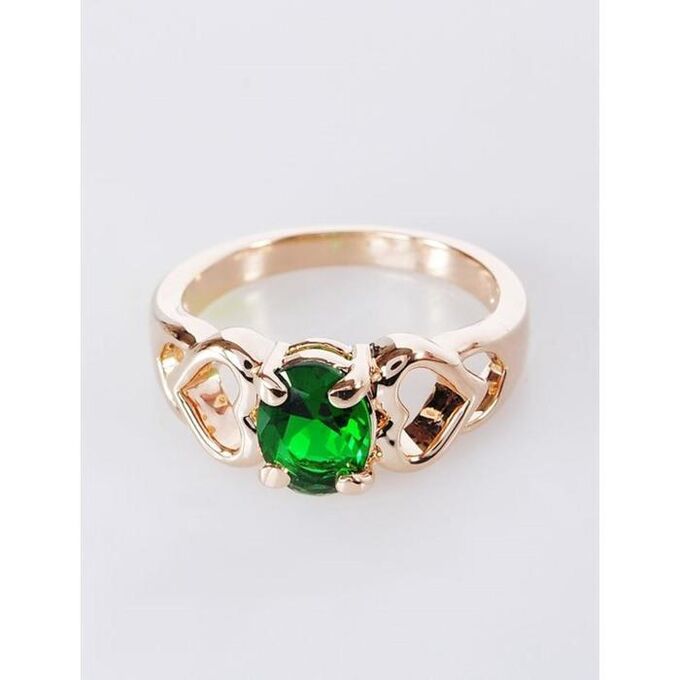 Кольцо с зелёным фианитом &quot;Сердечки&quot;, позолота с родирование, размер 19