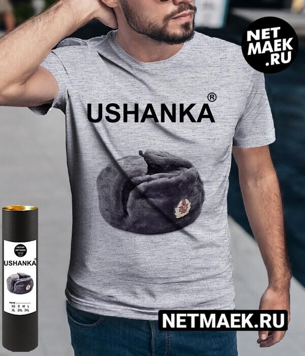 Мужская футболка с надписью USHANKA, цвет серый меланж