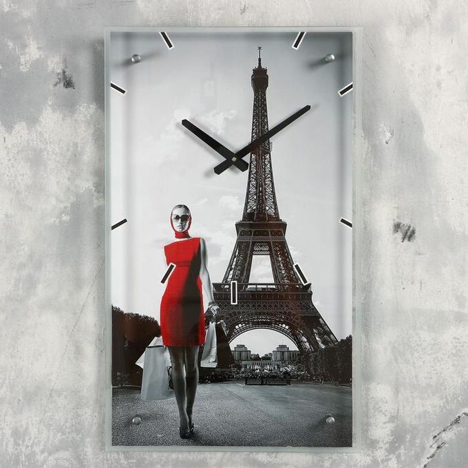 Часы настенные прямоугольные &quot;Девушка в красном платье в париже&quot;, 35х60 см