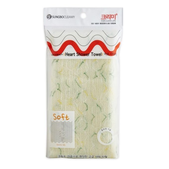 SUNG BO CLEAMY Мочалка для тела с плетением Сетка и рисунком Heart Shower Towel (средней жёсткости) размер 28 см х 95 см