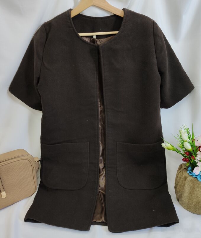 Пальто с коротким рукавом, цвет шоколад/Пальто женское без застежек