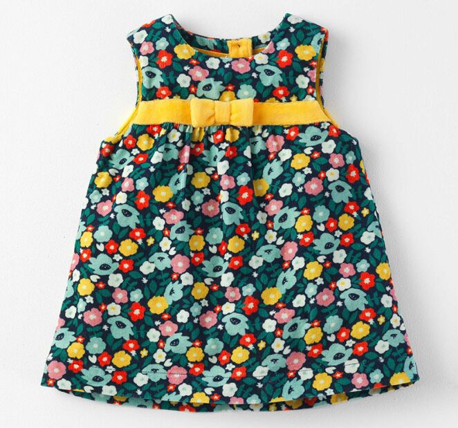 Детское платье с желтой полосой и бантиком, монопринт &quot;Цветы&quot;