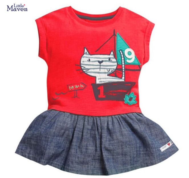 Детское платье, принт &quot;Котик в лодке&quot;, цвет красный/светлый серо-синий