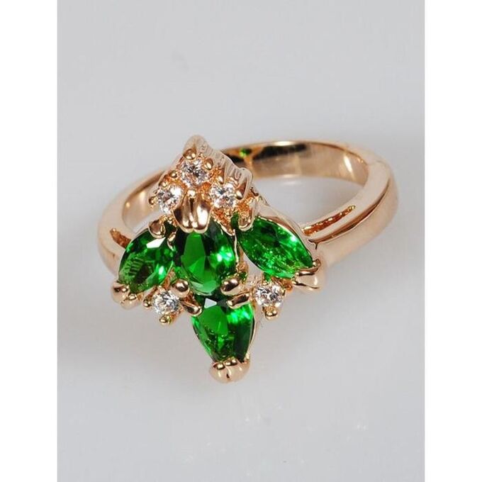 Кольцо с зелёным фианитом &quot;Лилия&quot;, позолота с родированием , размер 16