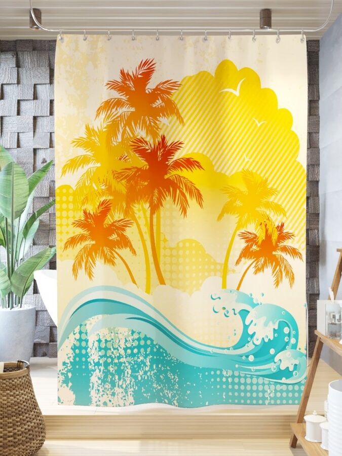 Фотоштора для ванной Волна и пальмы