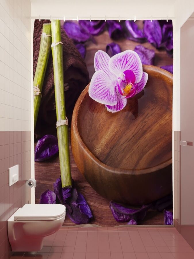 Фотоштора для ванной Розовая орхидея и фиолетовые лепестки