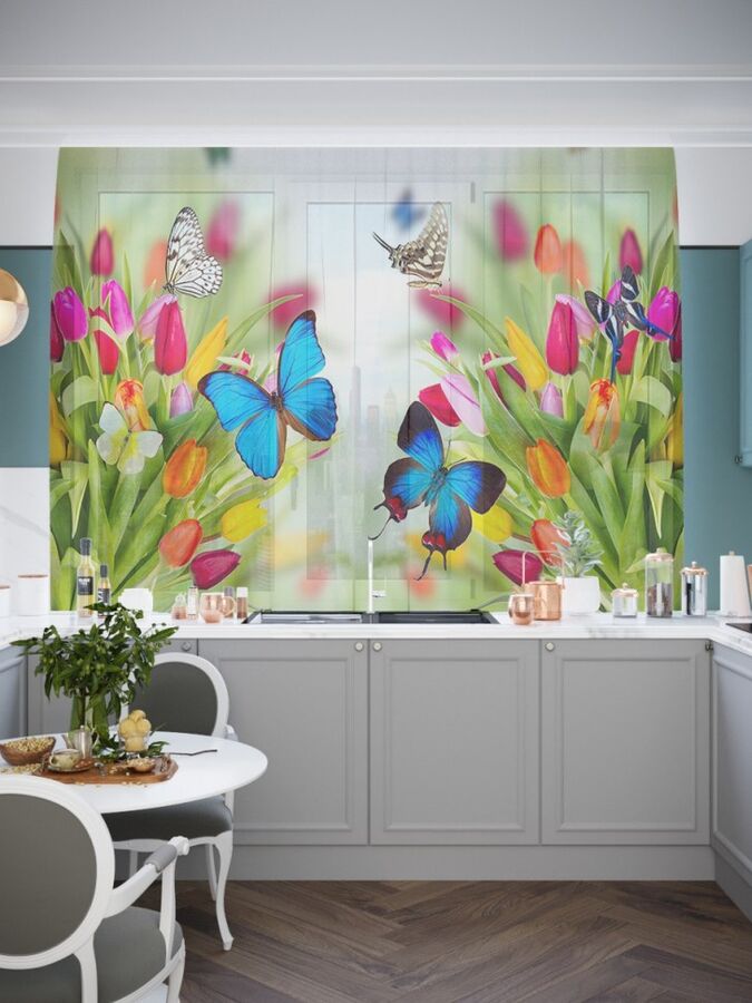 Кухонный фототюль Бабочки на тюльпанах