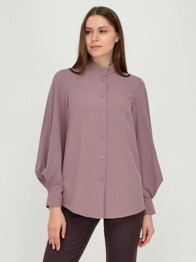 1001 Dress Блуза кофейного цвета с воротником-стойкой и объемными рукавами