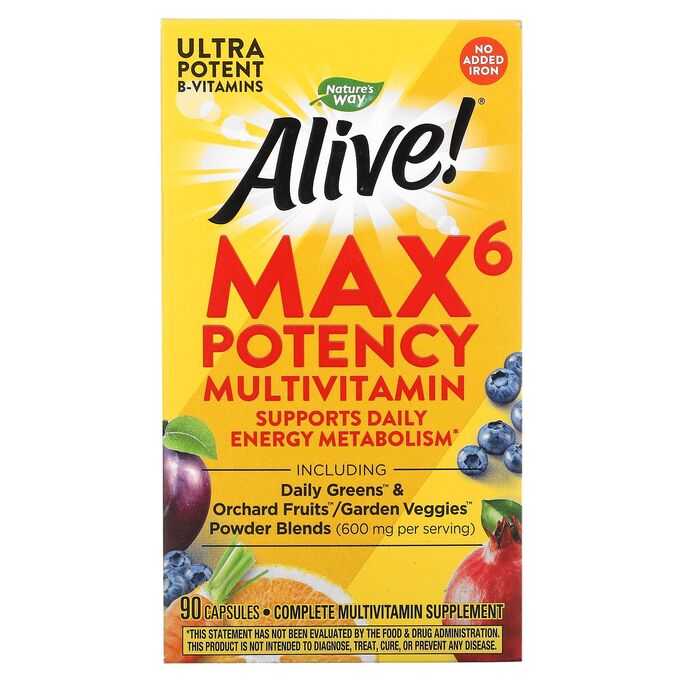 Nature&#039;s Way, Alive! Max6 Potency, мультивитамины повышенной эффективности, без добавления железа, 90 капсул
