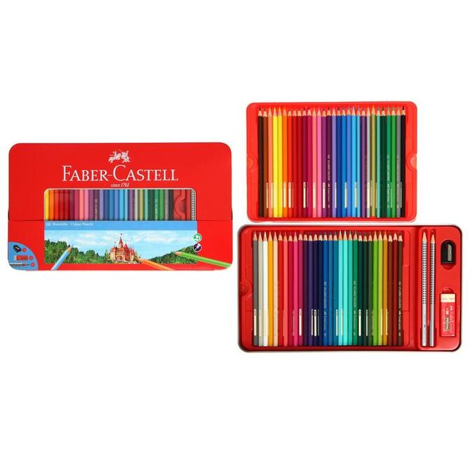 Карандаши 60 цвета Faber-Castell «Замок», шестигранный корпус, 2 чернографитных карандаша , с ластиком и точилкой, в металлическом пенале