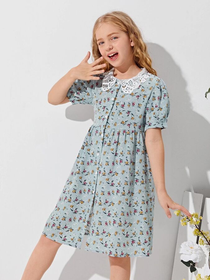 Гипюровое кружевное платье с цветочным принтом для девочек