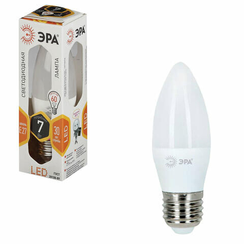 Лампа светодиодная ЭРА, 7 (60) Вт, цоколь E27, &quot;свеча&quot;, теплый белый свет, 30000 ч., LED smdB35-7w-827-E27